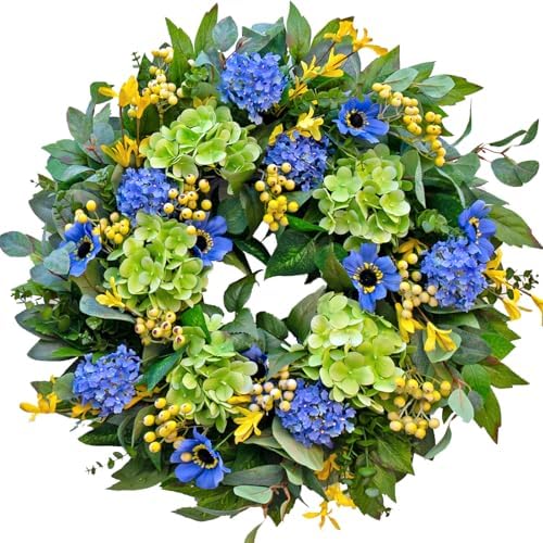 Spring Wreaths for Front Door 24 Inch Summer Wreath with Lifelike Blue Hydrangea Gerbera and Daisy, Wreath Decor for Indoor or Outdoor Spring and Summer Wreaths for Front Door Outside by wreathqueen