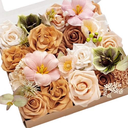 Ling's moment Fake Flowers Box, Faux Artificial Greenery Stems Foam Roses Tulip Silk Poppy Fabic Flower for Centerpieces Bouquet Wedding Floral Vase Table Decorations, Apricot & Peach, Grand Combo by LingsMoment