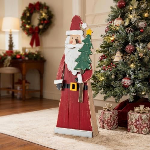 Glitzhome 30"H Christmas Chunky Wood Santa Porch Sign,Standing Santa Porch Decor,Rustic Merry Christmas Welcome Sign for Holiday Party Outdoor Indoor Xmas Decorations - Image 4