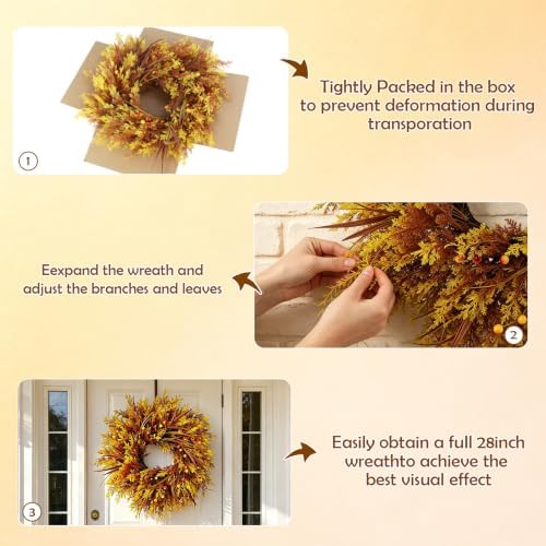 28'' Fall Wreaths for Front Door, Autumn Cypress Wreath with Reed Grass,Red Berries, Fall Door Wreath for Home Farmhouse Wall Window Decor for Thanksgiving, Halloween, Harvest Festival - Image 5