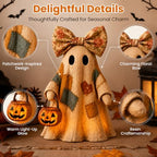 Lighted Vintage Patchwork Ghost Halloween Decor with Light-Up Pumpkin Pail, Tabletop Figurine for Mantel Shelf Entryway (1PC) - Image 3