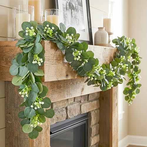 Artificial Eucalyptus Garland 8 Pack, Faux Eucalyptus Greenery Garland 6 ft, Realistic Eucalyptus Vine with Flowers for Wedding Table Centerpiece Mantel Fireplace Indoor Outdoor Decor by DolunvoLLC