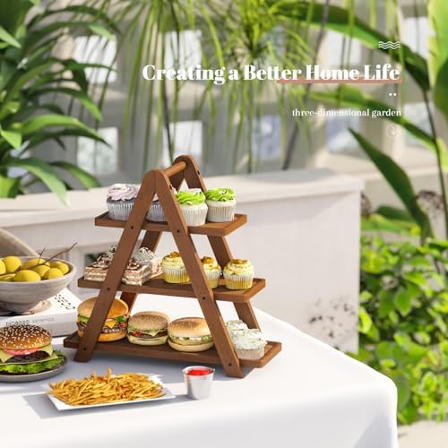 3 Tier Serving Tray Cupcake Stand and Towers Serving Tray for Party Food Tray Farmhouse Serving Platter Decorative Tray Decor Dessert Display Set Tiered Tray Stand (Brown) - Image 6