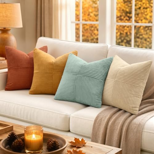 MIULEE Fall Teal-Orange Decorative Throw Pillow Covers 20x20 Inch Set of 4 Boho Corduroy Striped Cushion Cases Modern Farmhouse Patchwork Pillow Cases for Couch Sofa Bedroom Home Decor - Image 3