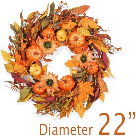 Fall Wreaths for Front Door 22 Inch, Autumn Wreath with Berry Pumpkin, Maple Leaves, Thanksgiving Harvest Festival Decorations Indoor and Outdoor - Image 2