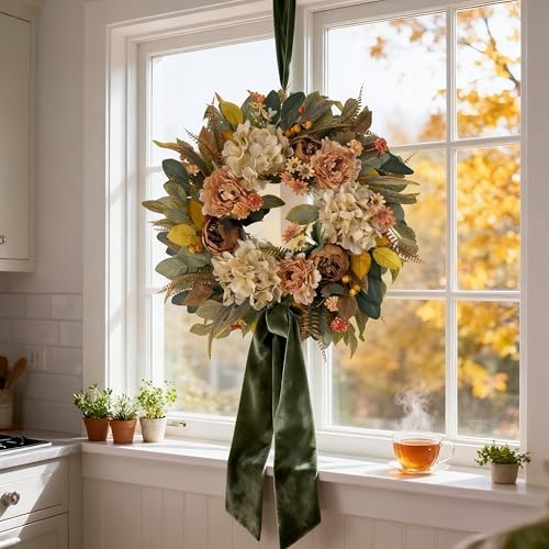 HipTree 24 Inch Fall Hydrangea Peony Wreath for Front Door - Image 5