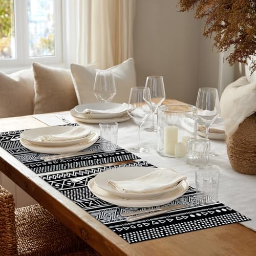 Shrahala Traditional African Geometric Placemats, Black and White Tribal Ethnic Table Mat Linen Burlap Washable Double-Deck Heat Insulation for Dining Table Kitchen Table Set of 6 (12 X 18 Inch) - Image 3