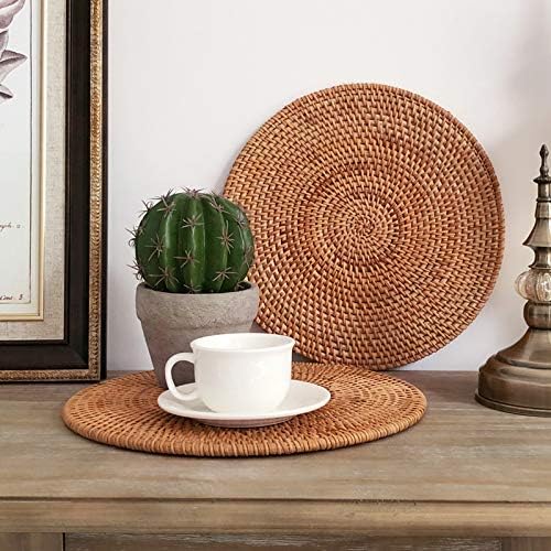 13" Natural Hand Woven Rattan Placemats for Dining Table,Decorative Heat Resistant Mats for Kitchen Coutertops,Hot Dishes,Pots and Pans,Round Diameter 35CM (Set of 2,Gold) - Image 2