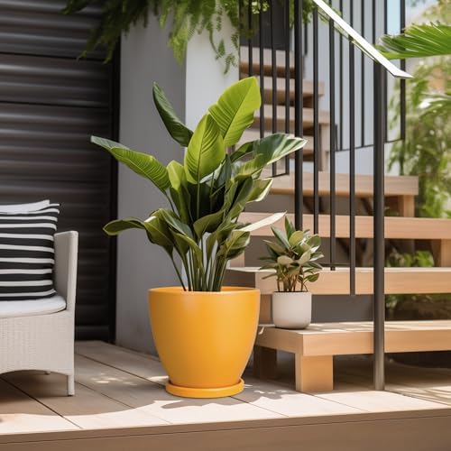 10 Inch Plant Pot - Ceramic Planter with Drainage Hole and Saucer, Modern Flower Pot, Round Planters for Indoor Plants, Home Patio Bathroom Porch Garden Living Room Decor, Orange - Image 5