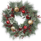 22 Inch Christmas Wreath for Front Door, Artificial Frosted Wreath with Red & Gold Ornaments, Berries & Snowy Holly Leaves, Elegant Holiday Decoration for Home Indoor Outdoor by Unknown
