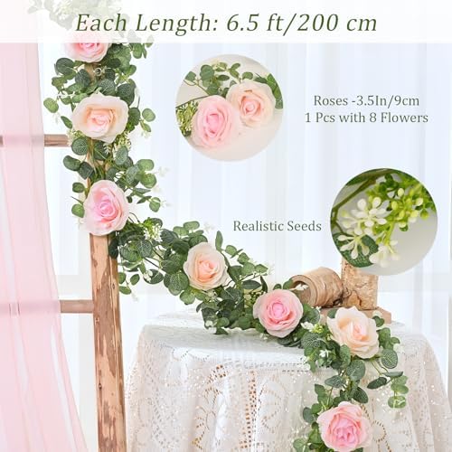 Dolicer 4Pcs 26 Ft Artificial Eucalyptus Garlands with Flowers - 8 Roses, Faux Floral Greenery Garlands Fake Flowers Vines for Wedding Table Centerpieces Arch Party Ceremony Backdrop Decor (Pink) - Image 3