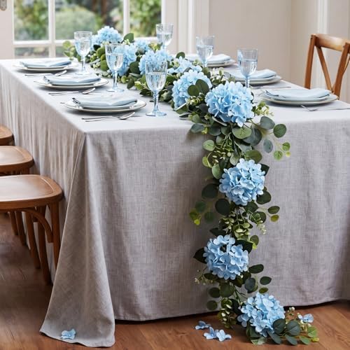 6ft Light Blue Hydrangeas Artificial Floral Garland Decoration for Mantle - Image 4