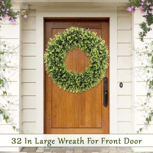 HUZIYAHAN 32 Inch Extra Large Boxwoods Green Spring Artificial Wreath for Front Door, Year Round Spring Summer Winter Wreaths for Wall Window Porch Home Farmhouse Outdoor Outside Indoor Decorations - Image 2