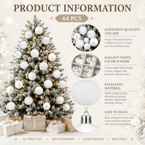 Lunmon 64 Pcs White Christmas Ball Ornaments Modern Xmas Tree Decorations - Image 4