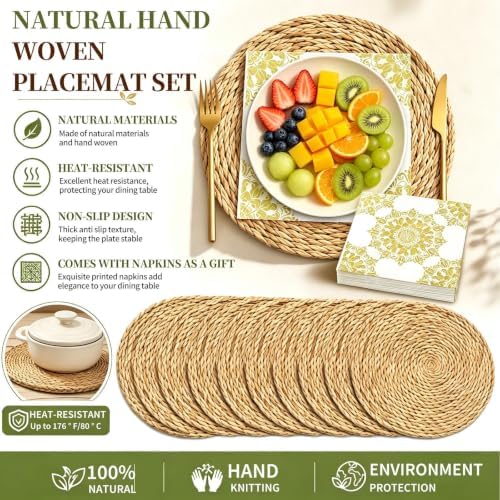 12 Pack Round Woven Placemats Set with 20 Napkins,12 Inch Natural Water Hyacinth Wicker Rattan Jute Straw Table Mats,Boho Decor Farmhouse Charger Plates for Dining Table, Kitchen & Holiday Dining - Image 3