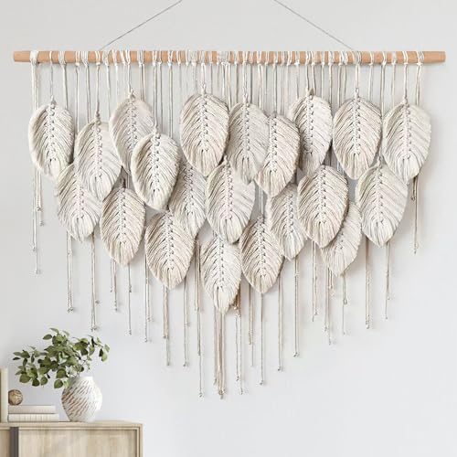 Macrame Wall Hanging Boho Beige Handmade Leaf Tapestry Wall Art Home Decor by LOMOHOO