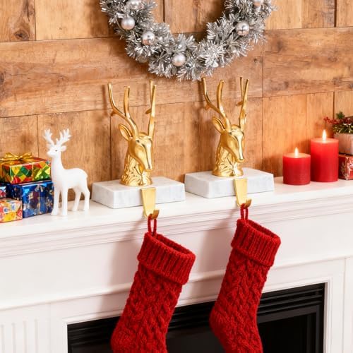 Fonder Mols Reindeer Christmas Stocking Holders for Mantle Set of 2, Deer Xmas Fireplace Hanger Hooks Metal Grips Clips Mantel Hooks (Gold) - Image 6