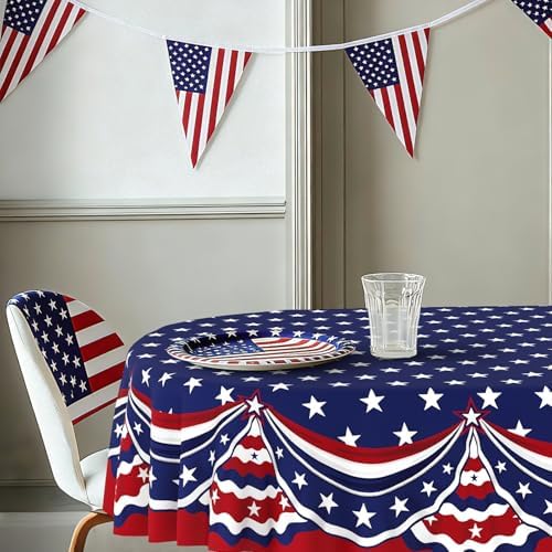 Oval 4th of July Tablecloth 60x102 Inch, Patriotic Red White and Blue Table Cloth, Polyester Waterproof Wrinkle Resistant Independence Day Table Cover for Memorial Day Decorations Decor - Image 3
