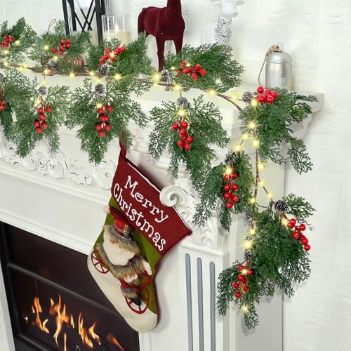 2025 New 6.56FT Christmas Garland Lights with 96 LED 8 Flash Modes Battery Operated Cypress Garland with Timer Lighted Xmas Pine Garland Christmas Decor for Mantle Fireplace Table Stairs Holiday by HamiFinee
