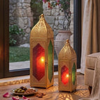 TRIROCKS Set of 2 Moroccan Candle Lanterns 23''&15.5'' H Decorative Candle Holder Hanging Lanterns with Embossed Colored Tempered Glass Ramadan Decorations for Home Outdoor Indoor Patio Weddings(Gold) - Image 5
