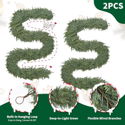 2PCS 9FT Christmas Cedar Garland, Extra Full Greenery Garland with 1200 Cypress Pine, Real Touch Two-Tone Evergreen Garland for Mantle Fireplace Table Stairs Door Porch, Indoor Outdoor Decorations - Image 2