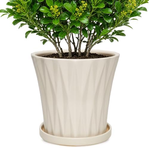 10 Inch Ceramic Planters with Drainage Hole and Saucer,Indoor Outdoor Large Flower Pots, Garden Pot for Plant Lovers (White) by Unknown