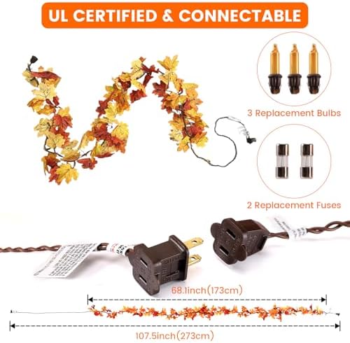3Pack Fall Leaf Garland with Lights Plug in, 35 Orange Bulbs Light Up Fall Leaves Garland, Fall Decor Fall Decorations for Home Table Thanksgiving Mantel,Fireplace,Porch,Halloween Autumn Decor - Image 3