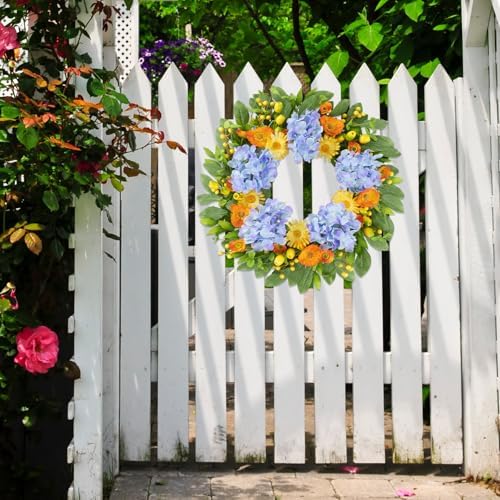 U'Artlines 22 Inch Spring Summer Wreaths for Front Door, Artificial Hydrangea Wreath with Green Leaves Berries, Large Silk Floral Wreath for All Seasons Window Wall Wedding Decor - Image 5