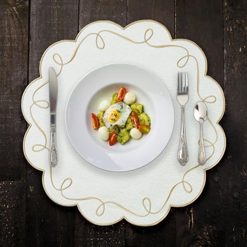 16.5 Inch Ribbon Twirl Embroidery Round Placemats Set of 4, Scalloped Round Table Mats for Party Kitchen Dining Decoration, Gold - Image 6