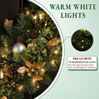 Hykolity 28 Inch Pre-Lit Botanical Christmas Wreath with 50 Warm White LEDs and Timer, Battery Operated Artificial PE & PVC Wreath with Ornaments, Pinecones and Layered Gold Leaves for Front Door - Image 5