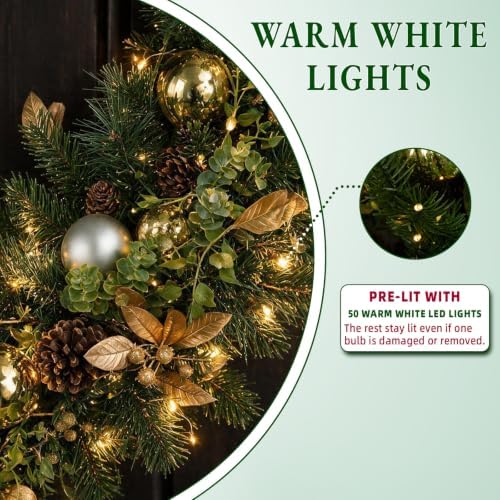 Hykolity 28 Inch Pre-Lit Botanical Christmas Wreath with 50 Warm White LEDs and Timer, Battery Operated Artificial PE & PVC Wreath with Ornaments, Pinecones and Layered Gold Leaves for Front Door - Image 5