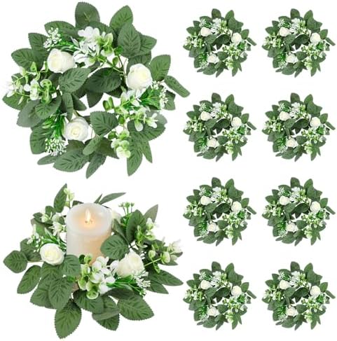 10PCS Wedding Rose Candle Rings Artificial Floral Eucalyptus Leaves Wreaths by Unknown