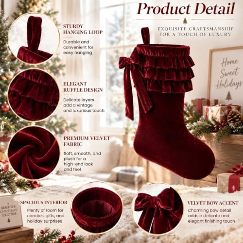 Thenshop 4 Pairs Christmas Burgundy Velvet Bow Stockings - Image 3