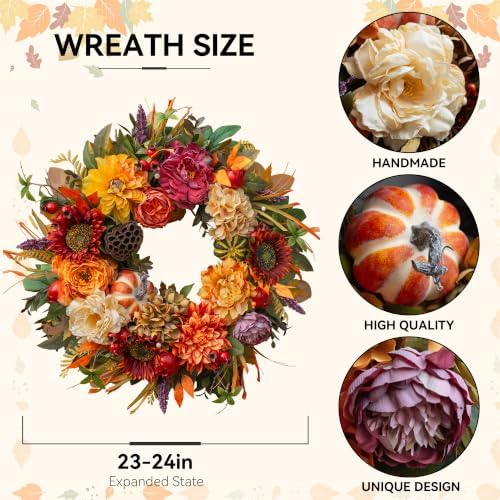 24 Inch Artificial Harvest Fall Wreaths for Front Door,Porch & Entryway - Image 3