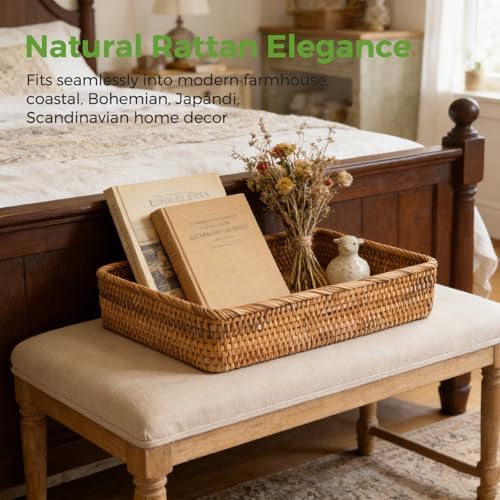Large Rattan Serving Tray, Rectangle Wicker Storage Basket for Organizing - Image 4