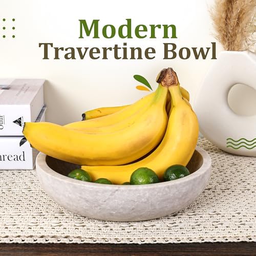 FNTSTICGOODS Travertine Decorative Bowl - 7.8” Diameter & 2” Height - Key Bowl for Entryway Table - Organic Modern Centerpiece - White/Gray - Image 5