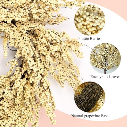 Fall Wreath Artificial 24 inch White Berry Wreaths - Image 3