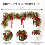 6FT Norfolk Pine Christmas Garland with Artificial Eucalyptus, Red Bow Berries Balls, Realistic Artificial Cedar for Holiday Mantel, Table, Fireplace, Indoor Xmas Decor - Image 3