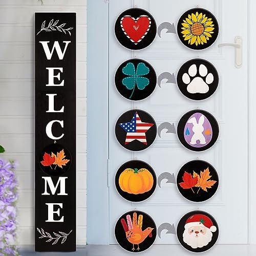 Perfnique Welcome sign for front porch standing, 47 x 7.9 Inch Wooden Leaner Sign with 10 Interchangeable Designed Icons, Seasonal Decor for Spring Easter Fall Christmas(Black) by PERFNIQUE