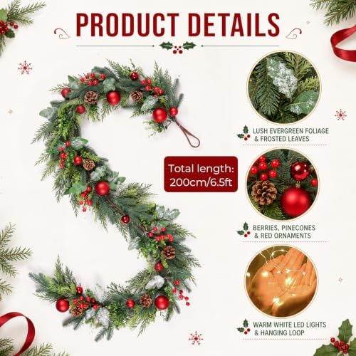 6.5ft Christmas Garland with Lights Artificial Frosted Pine Garlands - Image 3