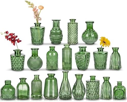 Glass Bud Vases Set of 20, Small Flower Vase in Bulk for Centerpieces, Mini Vintage Peacock Green Vases for Rustic Wedding Vintage Home Table Decor by GnFlus