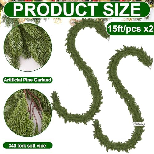 Lyrow 2 Pcs 15 ft Deluxe Thick Christmas Pine Garland Faux Greenery Garland - Image 2