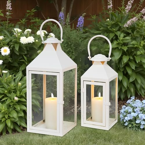 JHY DESIGN Set of 2 Cream Decorative Lanterns 17.5inch&13.5inch Metal Candle Lanterns for Indoor Outdoor Events Paritie and Weddings Vintage Style Hanging Lantern by JHYDESIGN