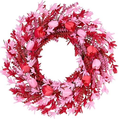 zjlmit Valentines Day Decorations 22 Inch Valentine's Day Wreath Pink Flower Wreaths for Front Door with Red Tulip Pink Forsythia Flowers for Valentine Wedding Anniversary and Holiday Decorations by zjlmit