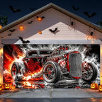 Vintage Hot Rod Garage Door Banner 7x16ft, Heavy Metal Muscle Car Outdoor Decoration, Flaming Skull Racing Car Double Garage Door Cover Tapestry Mural for House Front Man Cave Decor Accent - Image 3