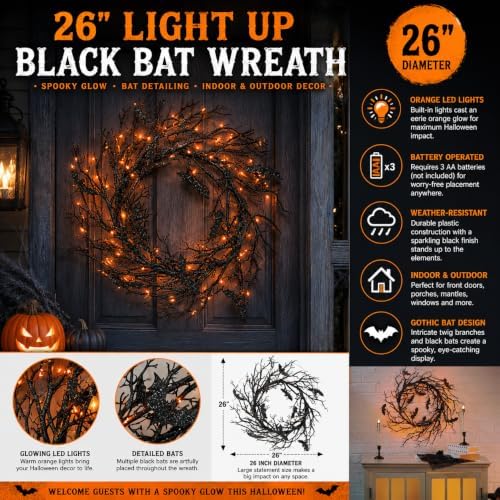 Fun Express 26" Light Up Black Bat Wreath - Image 2