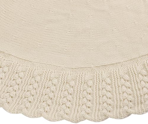 Ivory Knitted Christmas Tree Skirt, Cozy Cable Knit Design with Scalloped Edge and Ties, Rustic Farmhouse Holiday Décor for Christmas Tree Base(Ivory, 48") - Image 5