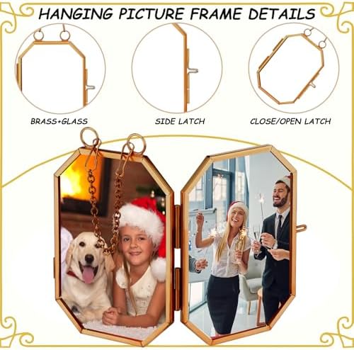 Qunclay 6 Pcs 2.5 x 3.5” 2 x 3 Christmas Brass Picture Frame Ornaments Octagonal Rectangular Christmas Metal Double Glass Hanging Photo Frame with Metal Chain for Xmas Tree Decorations(Gold) - Image 3