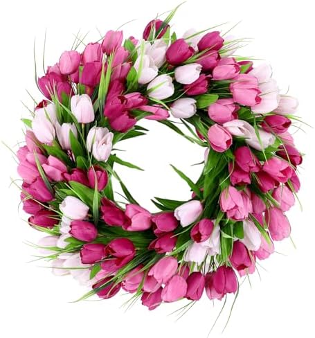 U'Artlines 20 Inch Tulip Wreath for Front Door, Spring Summer Silk Wreath by UArtlines