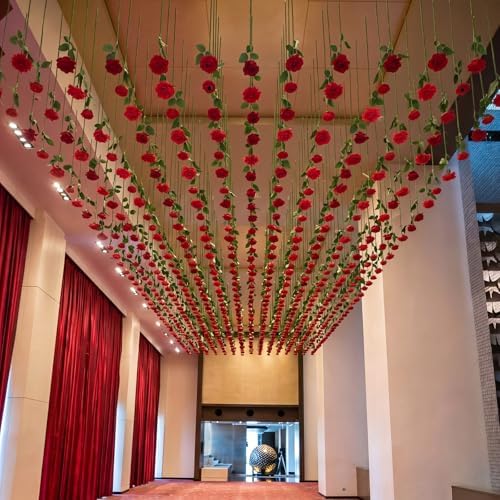 Lyrow 120 Pack Red Roses Artificial Flowers Bulk Hanging Floating Garland Fake Red Rose Vine for Ceiling Decoration Wedding Anniversary Bridal Bouquet DIY Floral Arrangement Proposal Romantic Decor - Image 6